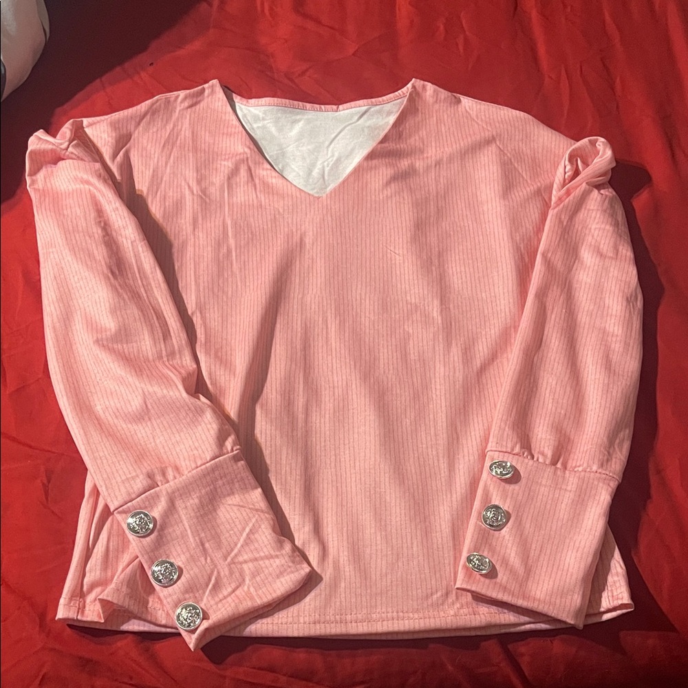 Pink V-Neck Long Sleeve Top with Button Cuffs